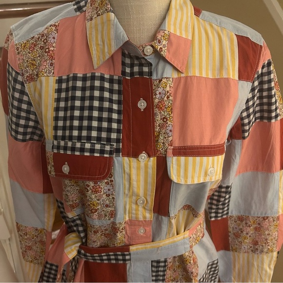 Lands End 100% Cotton Patchwork Button Front Long Sleeve Belted Small pockets - Picture 4 of 16